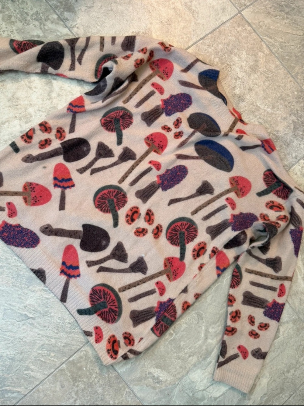 Mushroom Print Crewneck Sweater in Beige with Pink & Purple Accents